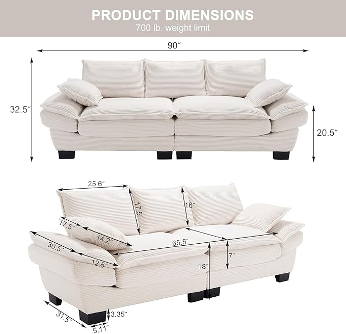 90 Oversized Loveseat Sofa Modern Corduroy Loveseat Couch Comfy Deep Seat Upholstered Sectional Sofa with Pillows for Living Room Bedroom Apartment (Beige)