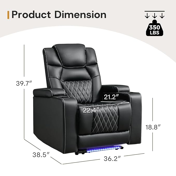 ANJ Power Recliner Chair with USB Port Electric PU Leather Home Theater Seating for Living Room Movie Reclining Chairs with Blue Ambient Lighting Hidden Arm Storage Cup Holders (Black)