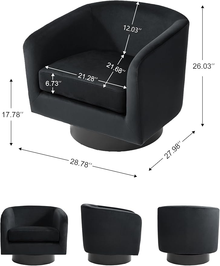 Swivel Barrel Accent Chair Modern Round Chenille Fabric Arm Chair for Living Room Bedroom Comfy Club Reading Chairs for Adults（Velvet Black Set of 2