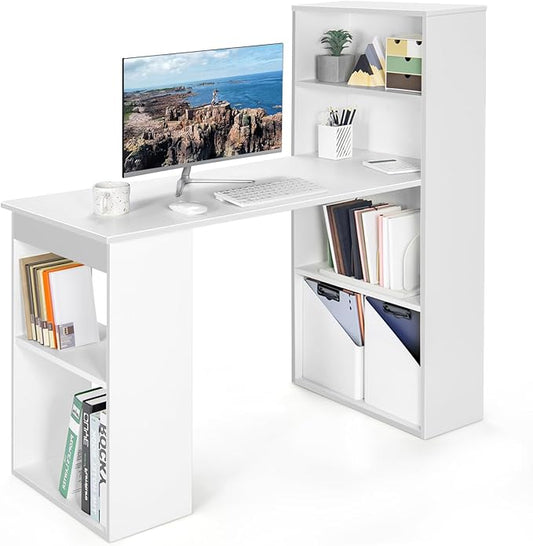 LDAILY Computer Desk with Bookshelf 48” Modern Office Desk w/ 6-Tier Storage Shelves CPU Stand Wider Base 3-in-1 Reversible Study Table Writing Desk for Home Office Bedroom Study Room (White)