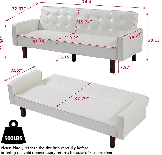 mikibama PU Faux Leather Futon Sofa Couch Upholstered Convertible Sleeper Sofa Bed Futons Modern Tufted 3 Seater Sofa Bed Couch for Living Room Apartment Small Spaces with Solid Wood Legs