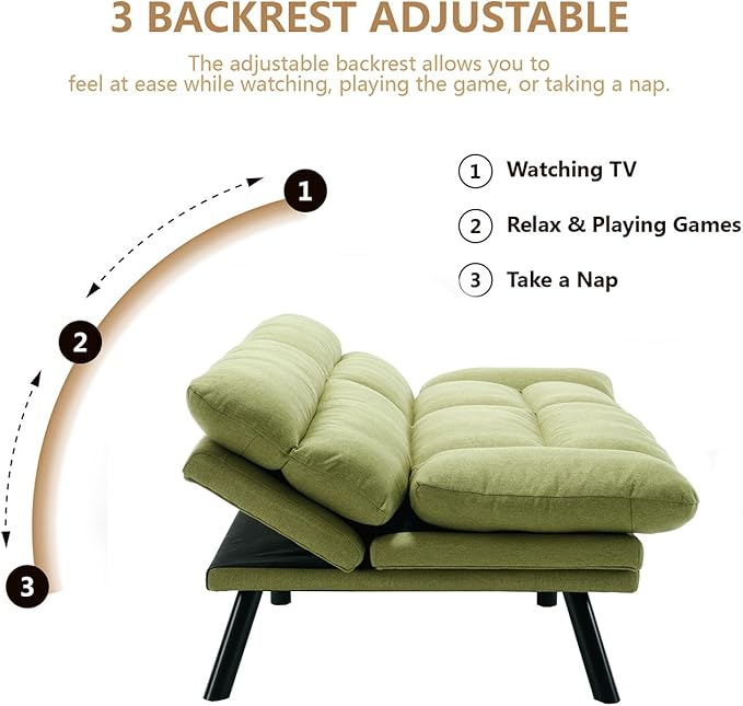 70Modern Linen Convertible Folding Futon Couch Sofa Bed Adjustable Pillow Top Arm Memory Foam Couch Double Loveseat Sofa for Compact Living SpaceDormGame StudioApartmentBedroom (Green)