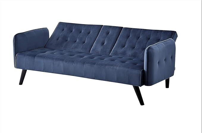 Container Furniture Direct 72 Velvet Convertible Sofa Bed with Cup Holders Tufted Folding Futon Sleeper Couch Mid-Century Modern 3 Seater for Small Spaces 72 L x 34.6 D x 31 H Dark Blue