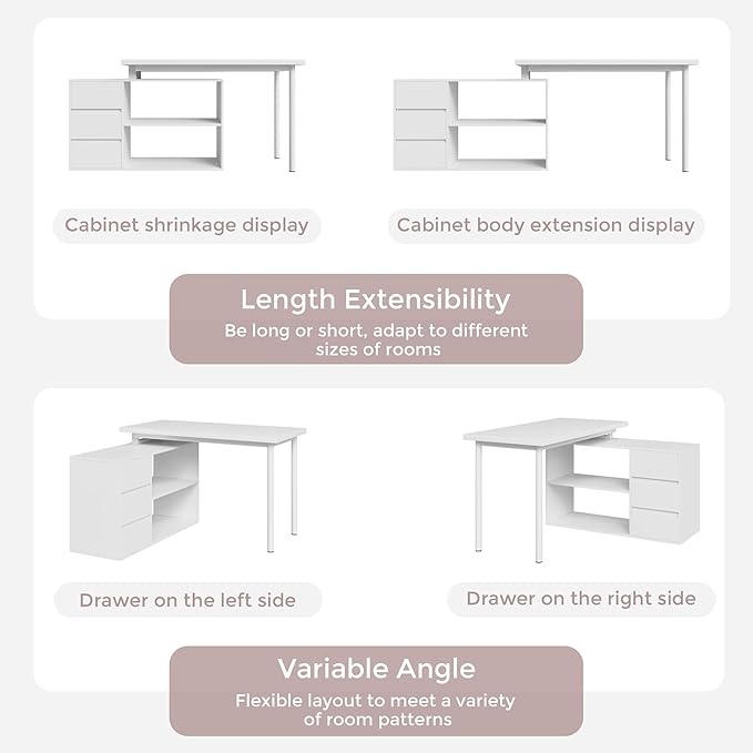 Home Office Computer Desk Corner Desk with 3 Drawers and 2 Shelves 53-inch L-Shaped Study Desk with Storage White