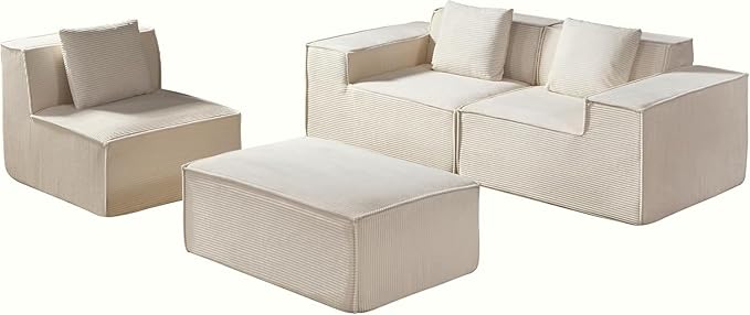Harper Convertible Corduroy Sectional Couch with Ottoman &amp Pillows Modular L Shaped Sleeper Sofa Boneless Cloud Couch for Living Room Furniture Beige