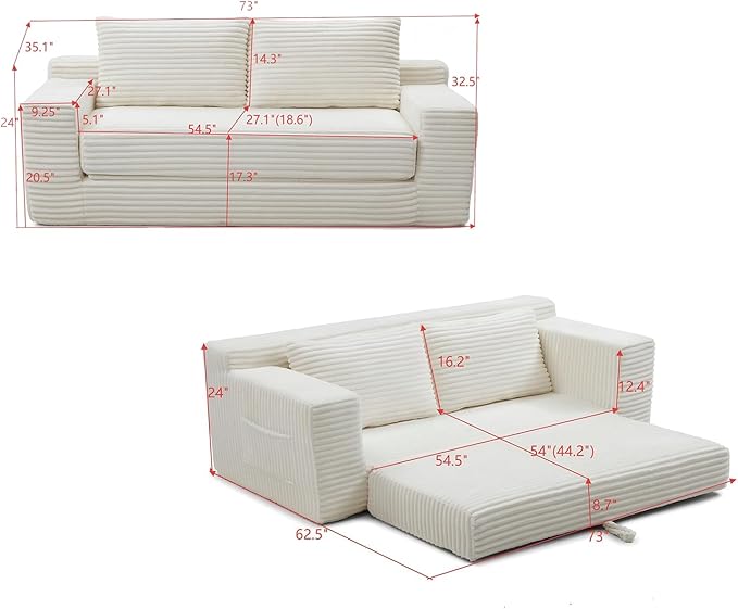 73 Memory Foam Cloud Loveseat Sofa 2 in 1 Convertible Folding Couch Bed Compressed Corduroy Floor Lounge Sofa No Assembly for Apartment Office Bedroom Living Room (Beige)
