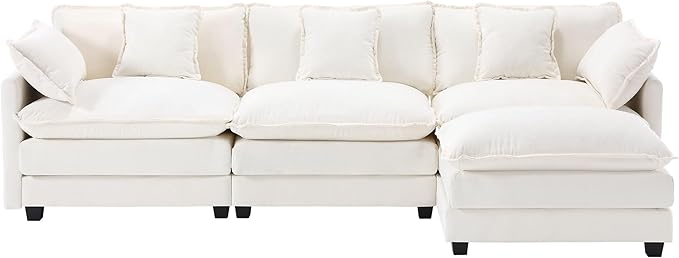 111.4” L Shape Cloud Couch Modular Sectional Sofa with Movable Ottoman 3-Seater Chenille Couches Deep Seat with Throw Pillows for Living Room Apartment （Beige）