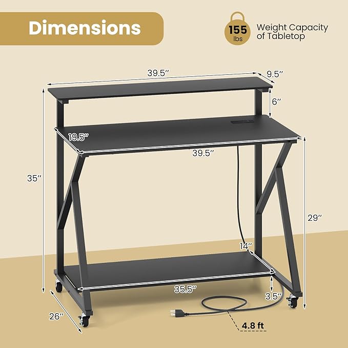 Tangkula 39.5 Mobile Computer Desk with Power Outlets Rolling Laptop Workstation with Monitor Stand &amp Storage Shelf Gaming Writing Desk with Lockable Wheels for Home Office Bedroom (Black)