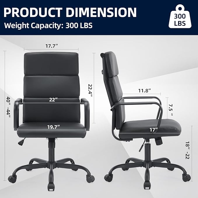 Office Chair Ergonomic Adjustable Desk Chair Mid Back Executive Comfortable Leather Lumbar Support Home Computer Chair with Padded Seat Swivel Wheels