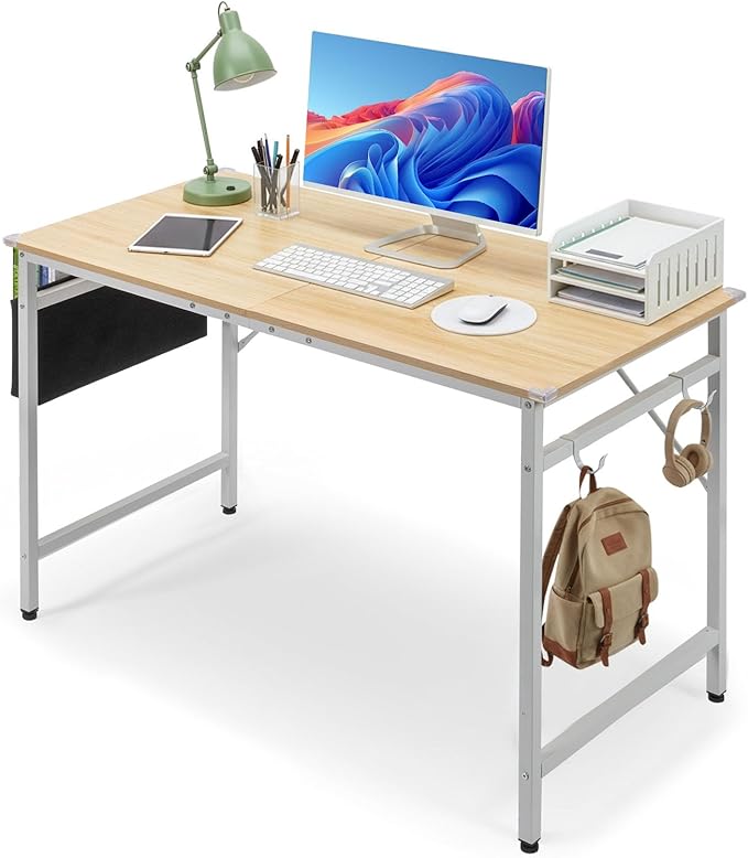 VINGLI 47 Inch Computer Office Modern Simple Gaming Desk with Side Fabric Drawer &amp Hook Up Wear-Resistant Surface Writing Desk Work Desk for Bedroom Living Room Oak