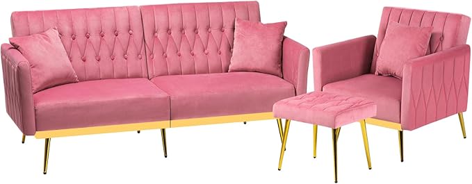 2 Pieces Velvet Sofa Set with Adjustable Armrest and Backrest 70” Convertible Futon Sofa Bed &amp Mordern Accent Chair with Ottoman for Living Room Bedroom Pink