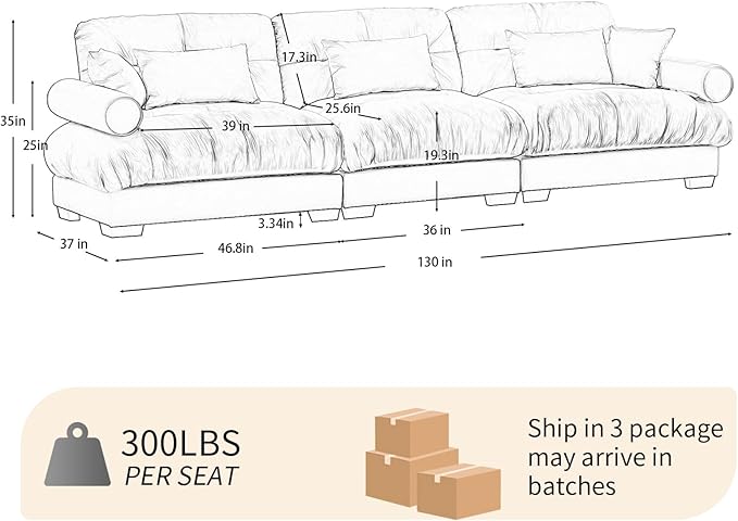 130 Large Sectional Couches for Living Room Cloud Modern Modular Deep Seat Sofa Set Comfy Couches Velvet Fluffy 3 Seater Sofa Set for Bedroom Apartment Taupe