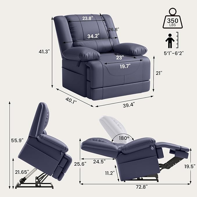 Large Dual Motor Power Lift Recliner Chair with Massage and Heat for Elderly People Infinite PositionUSB Ports and Remote ControlBreathable Leather (Blue)