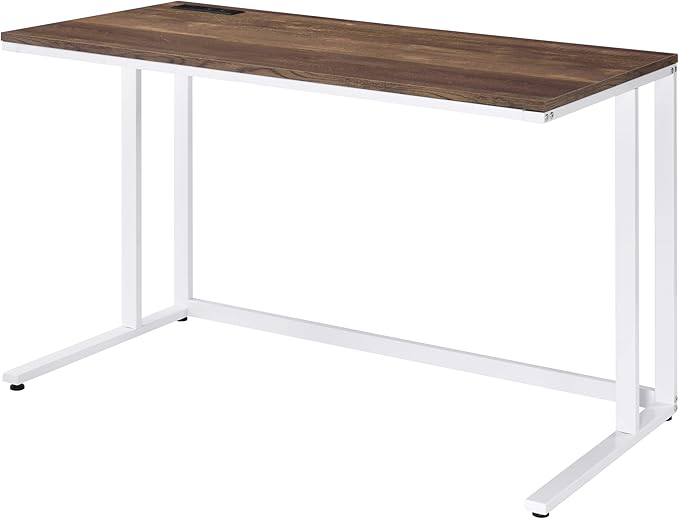 Walnut and White Writing Desk with USB Port - Spacious Rectangular Design - Open Base - for Home Offices &amp Bedrooms
