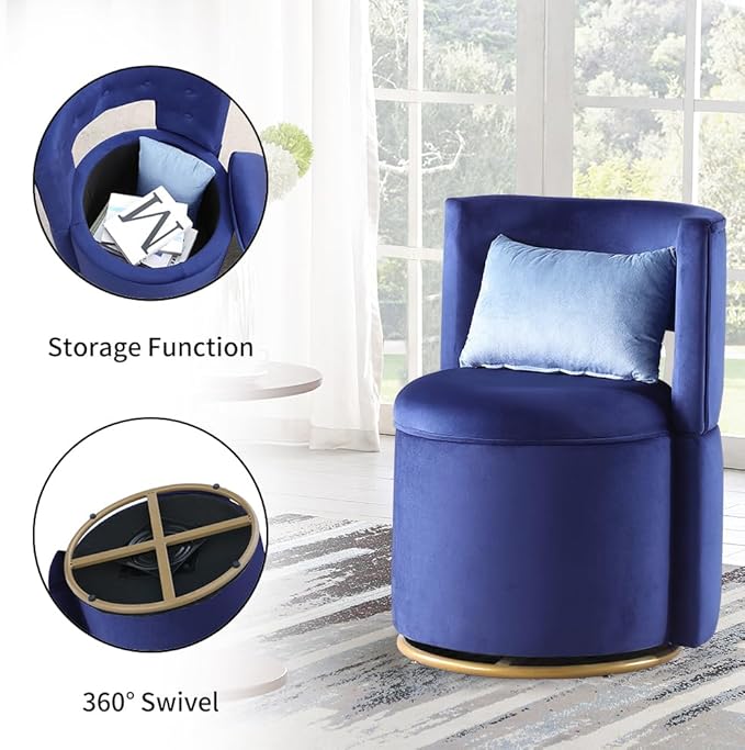 360° Swivel Accent Chair with Velvet PillowRound Storage Sofa Club Upholstered Barrel Modern Arm Chair for Nursery Living Room Hotel Bedroom Office Lounge Hotel Office (Blue)