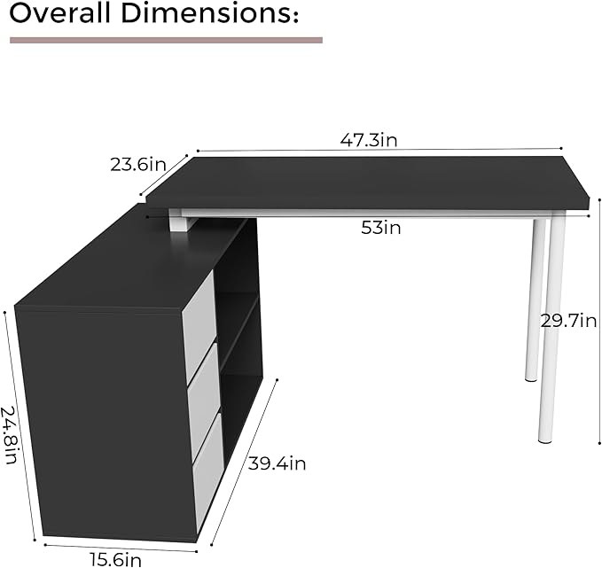 Home Office Computer Desk Corner Desk with 3 White Drawers and 2 Shelves 53-inch L-Shaped Study Desk with Storage Black + White