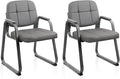CLATINA Leather Office Guest Waiting Room Chair with Sled Base Reception Chair No Wheels with Armrests and Lumber Support Stationary Desk Armchair for Meeting Conference Lobby Shool Grey 2 PK