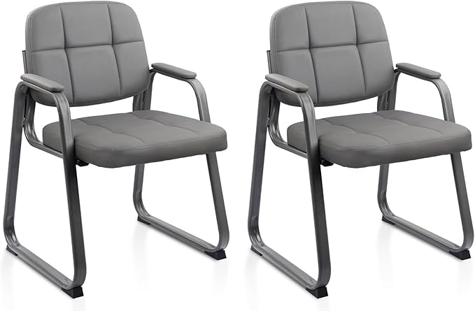 CLATINA Leather Office Guest Waiting Room Chair with Sled Base Reception Chair No Wheels with Armrests and Lumber Support Stationary Desk Armchair for Meeting Conference Lobby Shool Grey 2 PK