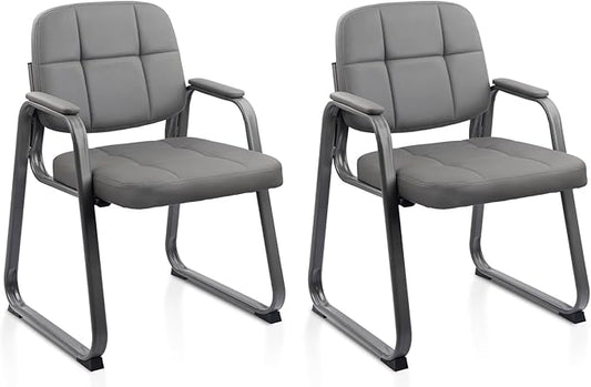CLATINA Leather Office Guest Waiting Room Chair with Sled Base Reception Chair No Wheels with Armrests and Lumber Support Stationary Desk Armchair for Meeting Conference Lobby Shool Grey 2 PK
