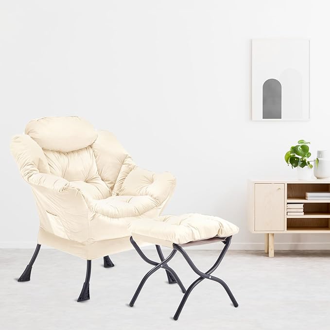 Lazy Chair with Folding Ottoman Accent Chair Velvet Upholstered with Metal Structure and Non-Slip Pads Sofa Armchair with Footrest and Side Storage Bag for Dorm Room Office Beige