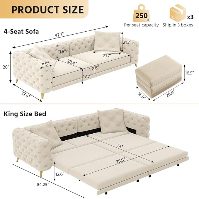 97.7 3-in-1 Convertible Pull Out Sofa Bed King Size Deep Seat Pull Out Sofas BedButton Tufted Modern Sofa4-Seater Couch with Movable Ottoman for Living RoomApartmentOfficeBeige