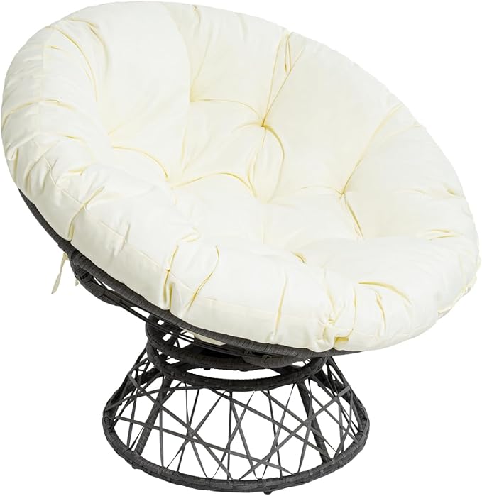 Naomi Home 40” Papasan Chair Indoor with Cushion and Frame – Round Wicker Papasan Chair with Thick Tufted Cushion Sturdy Metal Base Large Reading Chair for Bedroom &amp Living Room Cream