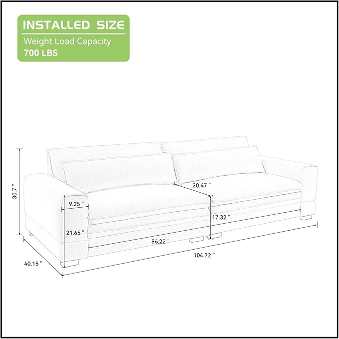 KEVINSPACE 104.72 Sofa Couch Mid Century Modern Sofa 3 Seater Sofa for Living Room Deep Seat Sofas Furniture Comfy Couches with 2 Pillows Comfy Cushion for Bedroom Apartment Office Beige