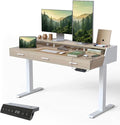 CubiCubi Standing Desk 55x26 Inches with 3 Wood Drawers and Monitor Shelf Ergonomic Rising Home Office Desks Height Adjustable Computer Desk Sit Stand Up Electric Workstation Table Pale Walnut