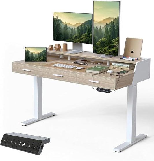 CubiCubi Standing Desk 55x26 Inches with 3 Wood Drawers and Monitor Shelf Ergonomic Rising Home Office Desks Height Adjustable Computer Desk Sit Stand Up Electric Workstation Table Pale Walnut