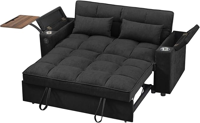 65'' Convertible Sleeper Sofa Bed with Adjustable Backrest Chaise Lounge Side Table &amp USB/Type-C Ports – Stylish &amp Functional Addition to Any Living Room (Black)