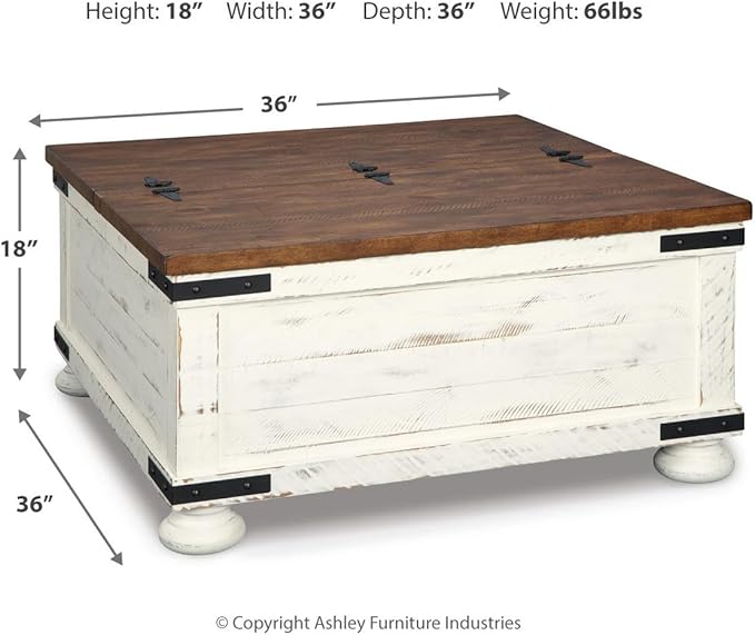 Signature Design by Ashley Wystfield Farmhouse Coffee Table with Storage Hinged Lift Top Wood 36 W x 36 D x 18 H Distressed White