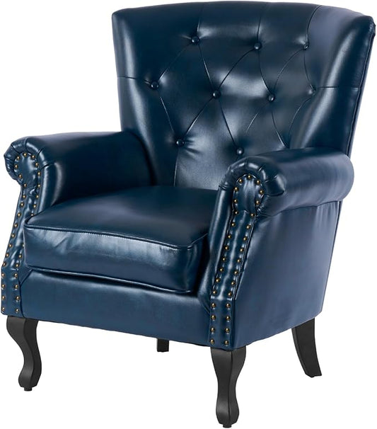 Modern Accent Chair Mid-Century Faux Leather Armchair with Solid Wood Legs Single Sofa Club Chair for Living Room Bedroom Leisure Room Reading Room(Navy)