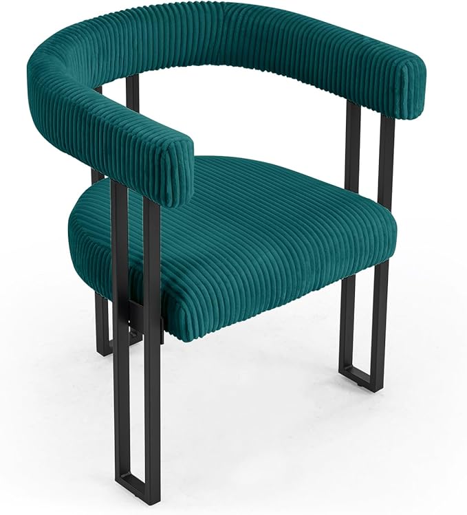Vanity Chair for Makeup Room Corduroy Accent Chair with U-Shaped Backrest Modern Comfy Desk Chair No Wheels Upholstered Dining Chair with Metal Legs for Bedroom Living Room (Teal1)