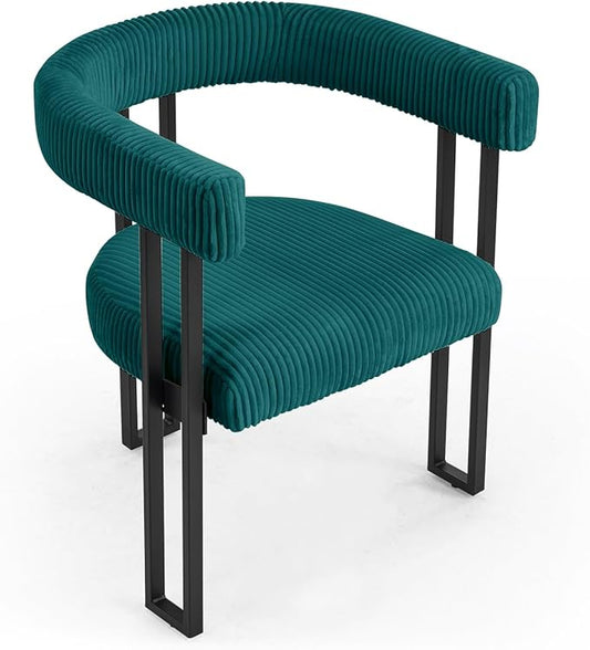 Vanity Chair for Makeup Room Corduroy Accent Chair with U-Shaped Backrest Modern Comfy Desk Chair No Wheels Upholstered Dining Chair with Metal Legs for Bedroom Living Room (Teal1)