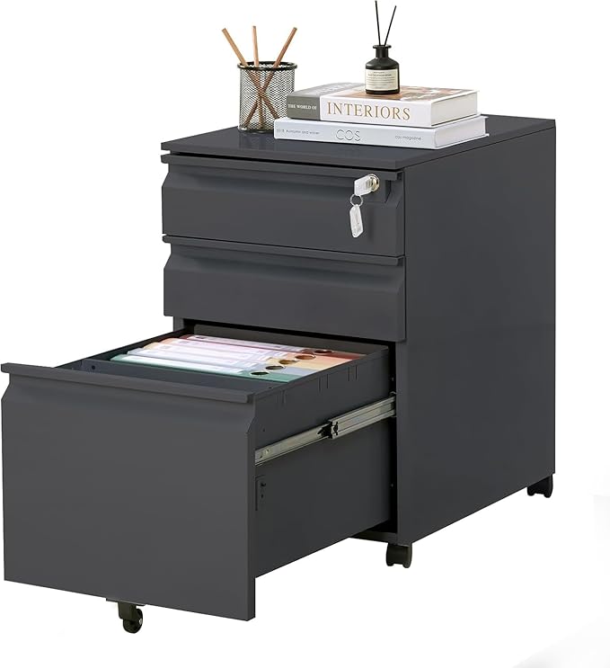 3 Drawer File Cabinet with 4 Wheels Capacity 120 Lb Locking File Cabinet- for A4 Letter-Head Legal-Size Folders - for Office&ampStudy Black