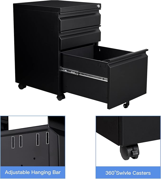 Yizosh 3 Drawer Mobile File Cabinet with Lock Black Under Desk Rolling Filing Cabinet Metal Locking File Cabinet on Wheels for Legal/Letter/A4 File (Required Assemble)