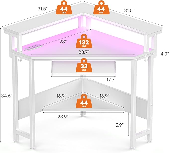 DUMOS Conner Desk Home Office Computer Desk for Small Space with LED Lights Gaming Table with Storage Shelves Power Outlets Monitor Stand Keyboard Tray for Bedroom White