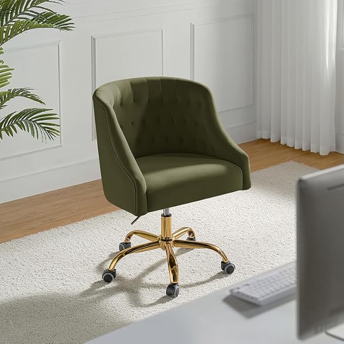 Velvet Office Chair with Gold Base Modern Cute Desk Chair Comfortable Adjustable Swivel Task Chair for Home Office Living Room Bedroom Vanity Study Moss