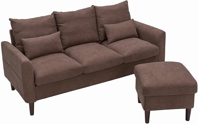 Panana 3 Seater with Footstool Chaise Small L-Shaped Corner Sofa Couch Armchair Furniture for Living Room Office (Brown Linen 3 Seater + Ottoman)