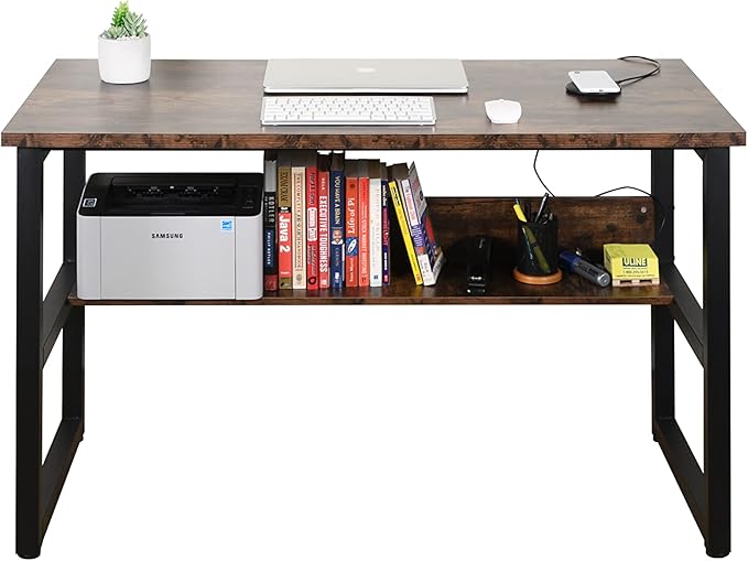 Computer Study Desk with Bookshelf Large Home Office Desk with Storage and Shelf Industrial Study Writing Drawing Table with Space Saving Design Modern Simple Style Laptop Table