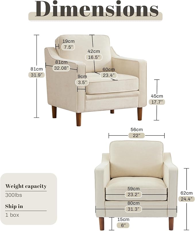 Kingfun Accent Chair Living Room Chairs Mid Century Reading Armchair Chenille with Solid Wood Foot Upholstered Modern Decor for Bedroom Apartment Beige