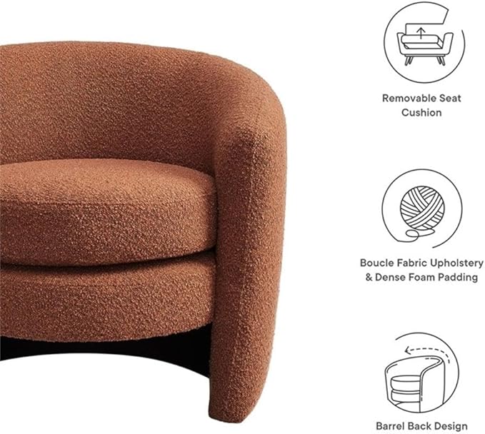 MAKLAINE Upholstered Boucle Fabric Curved Back Armchair Rust Finish Dense Foam Padding Removable Seat Cushion Fully Assembled Living Room or Bedroom Accent Chair