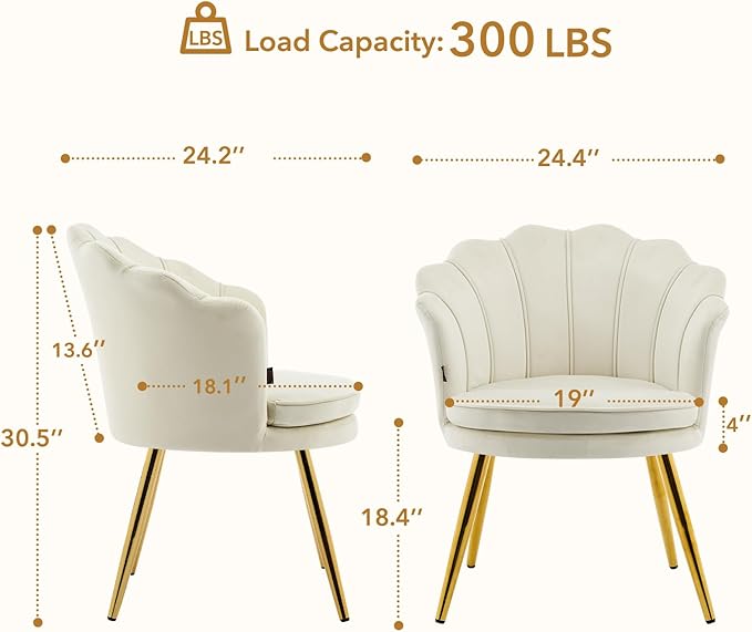 Furniliving Velvet Vanity Chair Shell Accent Chair for Living Room Upholstered Accent Chair with Gold Metal Legs Makeup Chair for Vanity Armchair Guest Chairs Side Chair for Bedroom (Khaki 1)