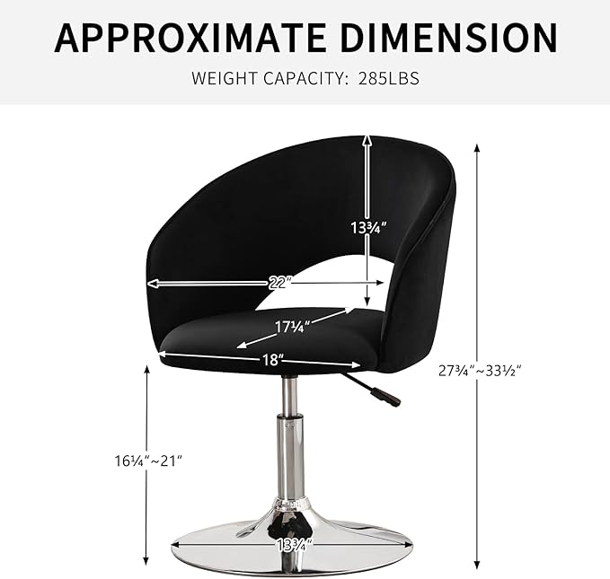 Furnimart Adjustable Black Vanity Chair with Back Velvet Makeup Chair Swivel Accent Chair with Chrome Frame Hollow Backrest Side Chair for Living Room Makeup Room Bedroom (Black)