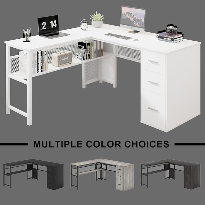 LVB White L Shaped Corner Desk with Drawers Reversible Modern L-Shaped Computer Desk with Storage Cabinet Shelves Large Wood Metal L Shape Home Office Desk for Work Study Writing Gaming 59 Inch
