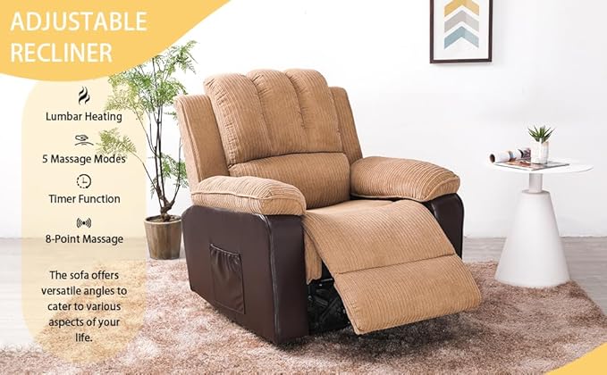 PU Power Recliner Sofa Ergonomic Lounge Chair Corduroy 8-Pointpower Recliner Heat Massage Electric Recliner Chairs with Side Pockets Brown Single Couch Comfy Chair for Bedroom Living Room