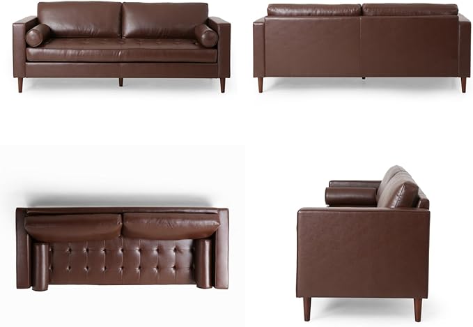 Merax Upholstered PU Sofa Classic 3 Seater Leather Couch with Wooden Legs for Living Room Bedroom Office Dark Brown