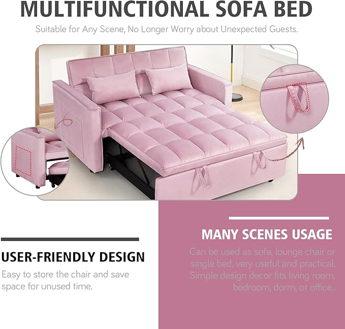 55 Convertible Full Size Sofa Bed 3 in 1 Velvet Sleeper Sofa with Pull-Out Bed Futon Couch with Adjustable Backrest and Side PocketModern Loveseat for Small SpacesLiving Room (Pink)