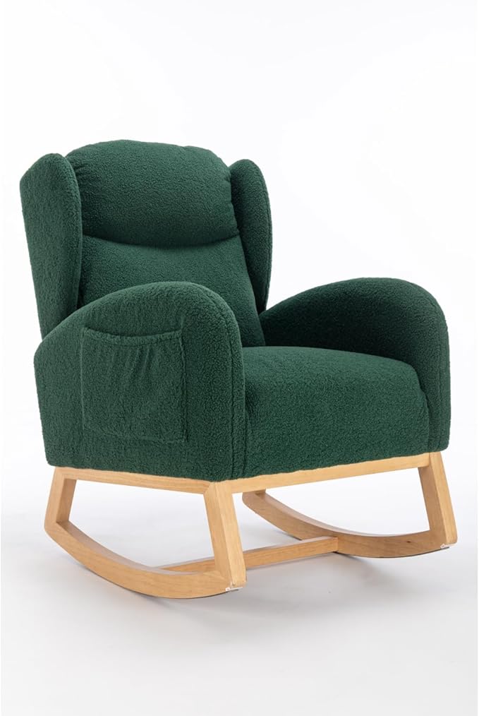 Green Teddy Fabric Rocking Chair with Wooden Legs Comfortable Armchair for Living Room Bedroom Lounging