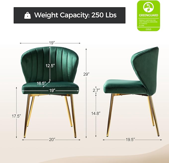 HULALA HOME Dining Chairs Set of 2 Velvet Upholstered Kitchen &amp Dining Room Chairs with Metal Legs Vanity Chair Armless Side Chairs for Living Room Bedroom Makeup Room Channel Curved Backrest Gr
